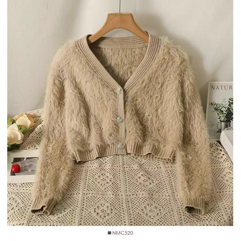 Women's Fluffy Cropped Cardigan with Subtle Button Details
