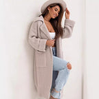 Women's Long Knit Coat with Hood and Pockets