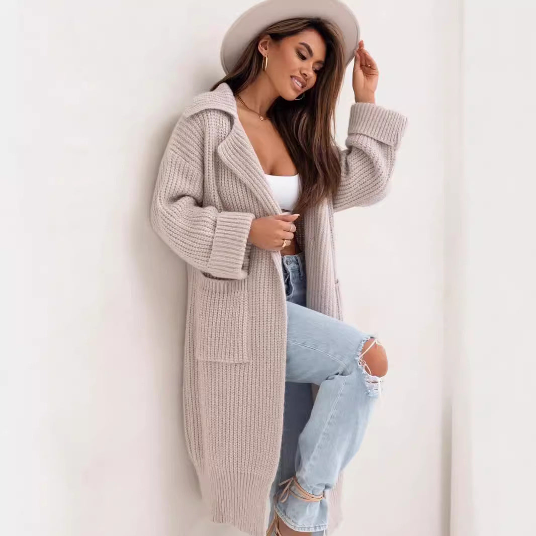 Women's Long Knit Coat with Hood and Pockets
