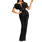 Women's Sparkling Sequin Jumpsuit with Feathers and Deep Neckline