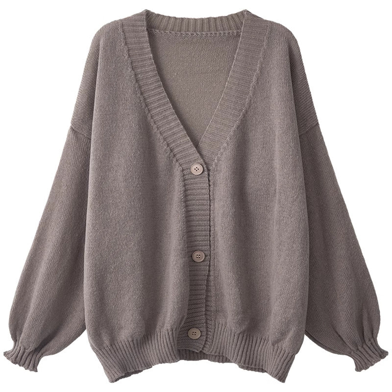 Women's Fluffy Knit Cardigan with Voluminous Sleeves and Button Details