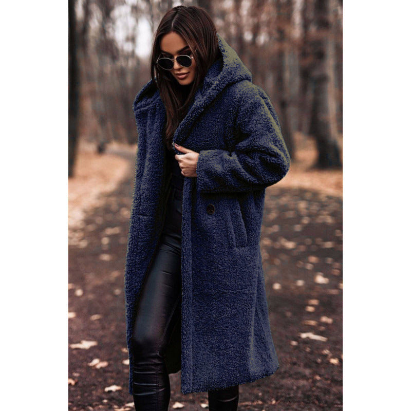 Women's Fluffy Teddy Coat with Hood and Button Detail