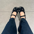 Women's Ballet Flats with Floral Glitter Design and Adjustable Strap