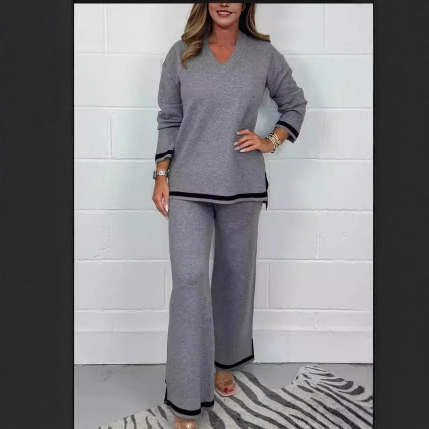 Women's Casual Knit Set with Wide Cut and Elegant Contrasts