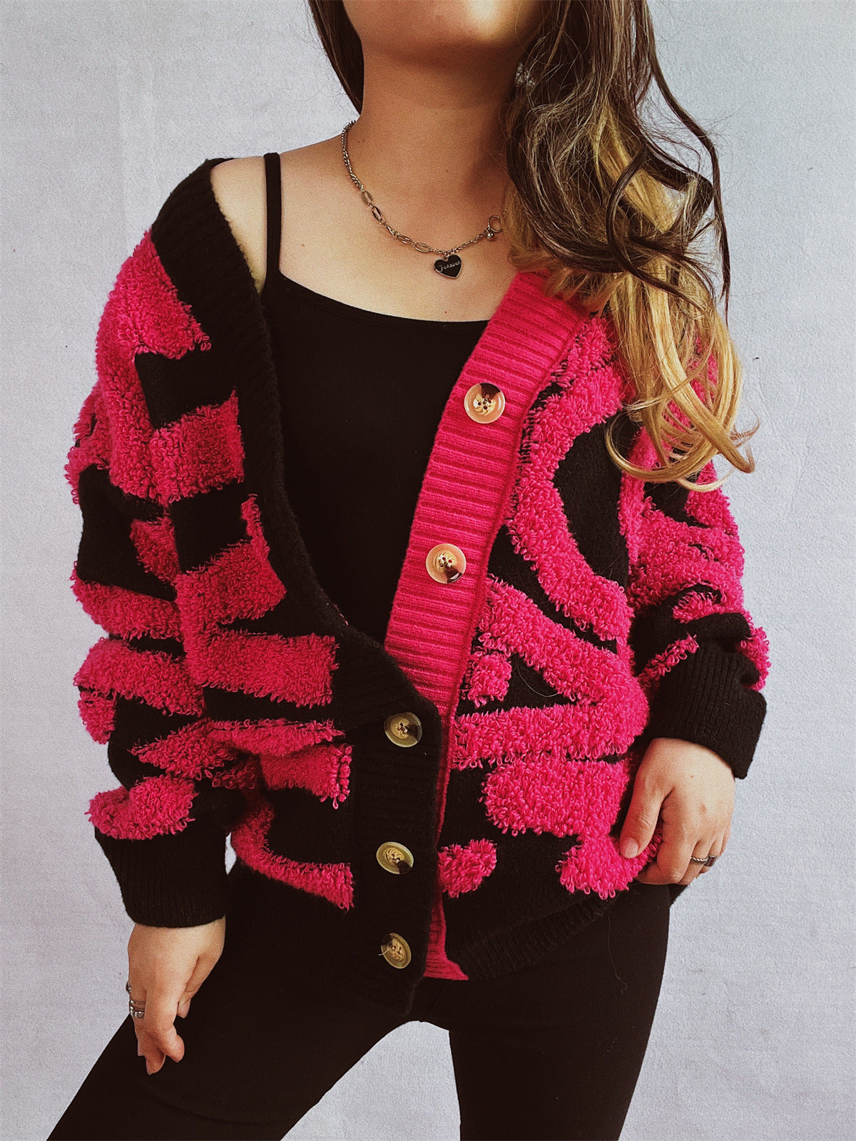 Women's Chunky Knit Cardigan with Pattern Mix and Elegant Button Details