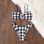 Women's Bandeau Bikini with Elegant Ruffle Detail and Plaid Pattern