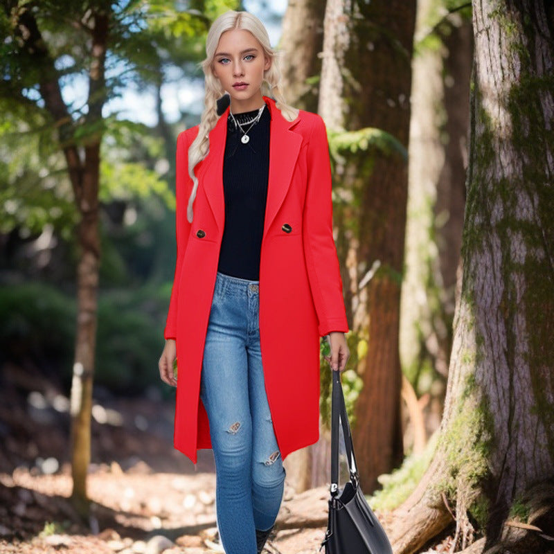 Women's Classic Long Coat with Double-Breasted Button Placket