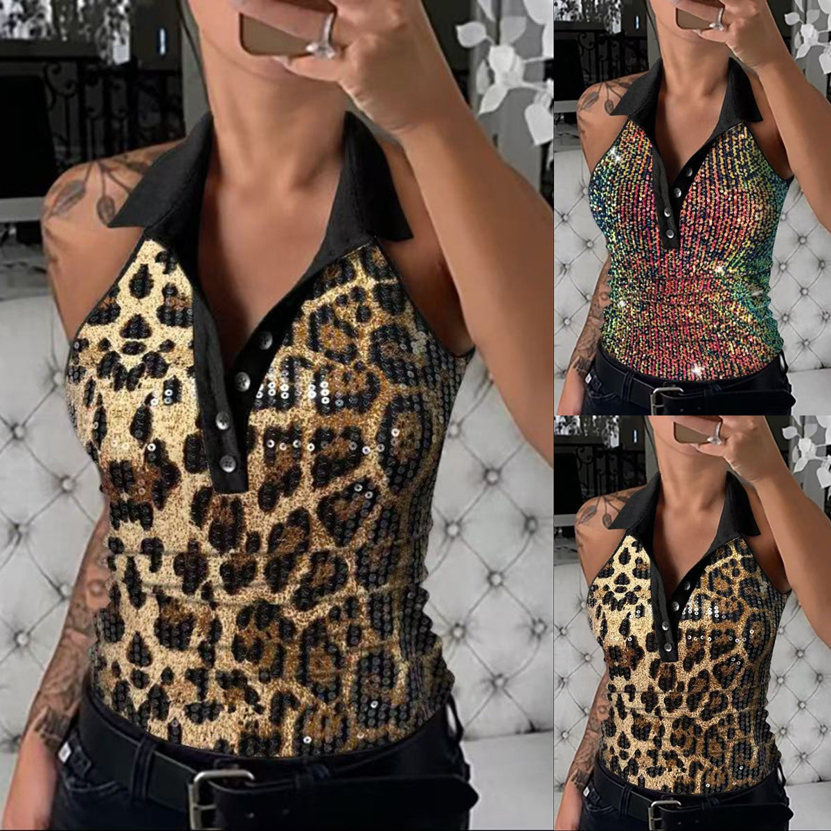 Women's Glittering Leopard Print Polo Shirt
