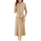 Women's Elegant Knit Set with High-Quality Fur Collar and Ribbed Texture