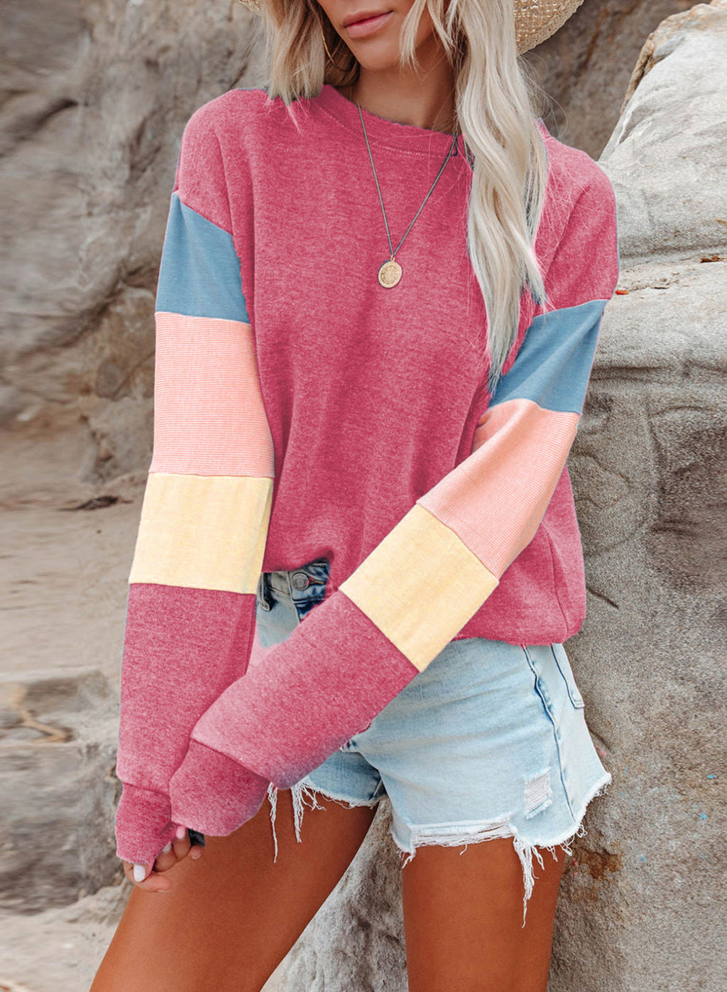 Women's Casual Pullover with Colorful Sleeve Design