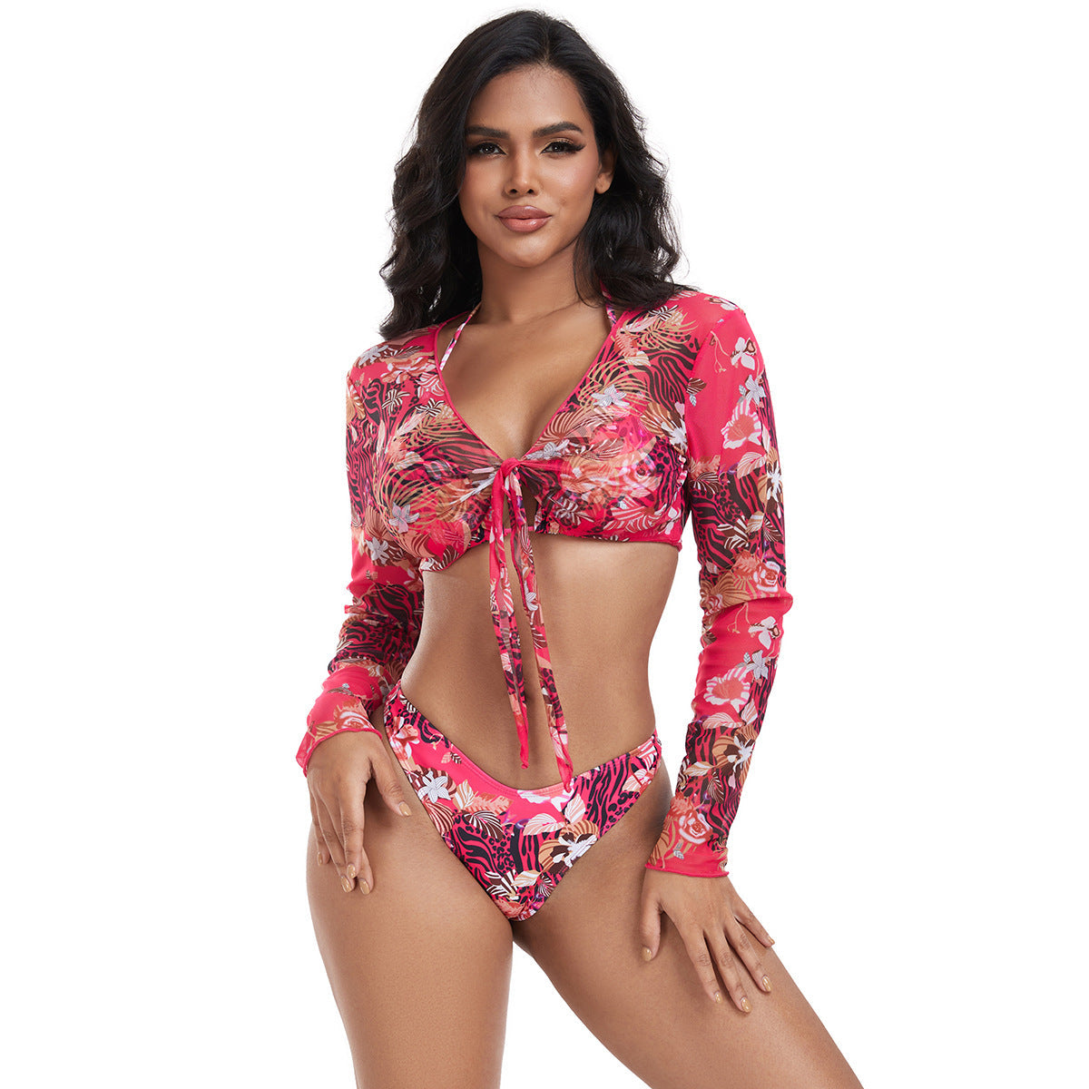 Women's Colorful Long-Sleeve Crop Top with Knot Detail