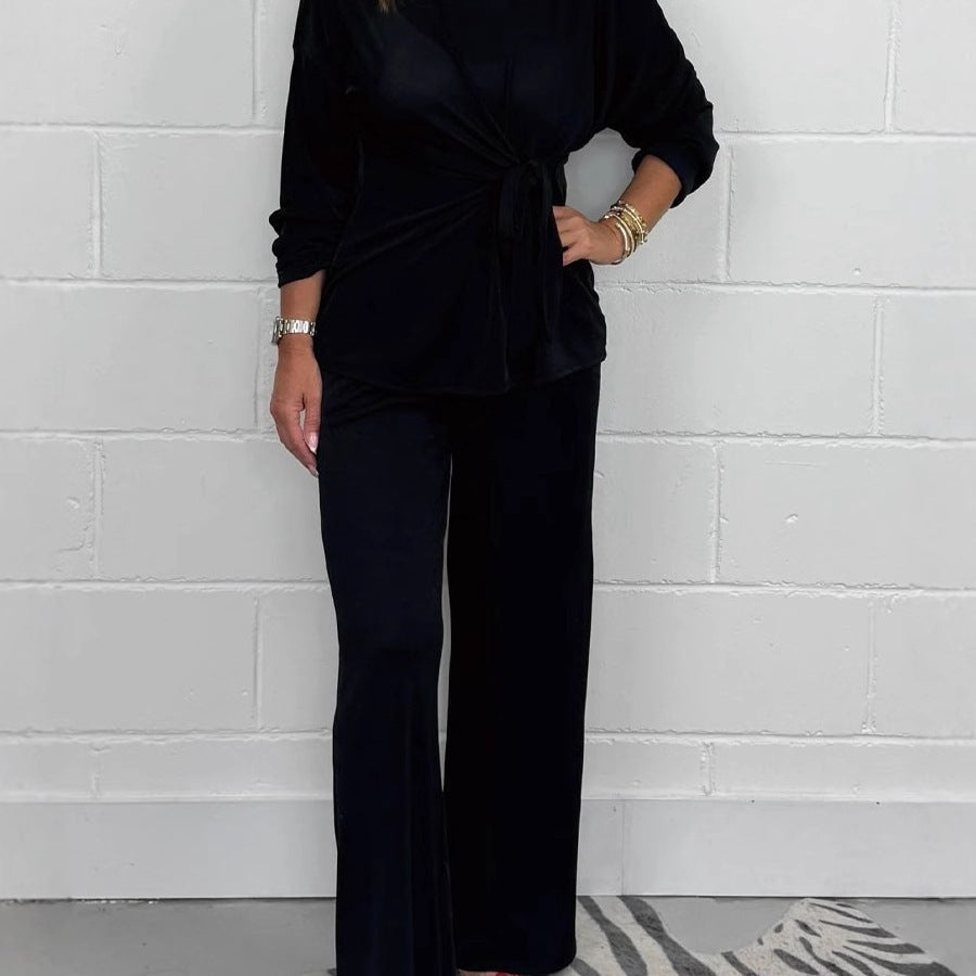 Women's Casual Lounge Set with Knot Detail and Wide-Leg Cut