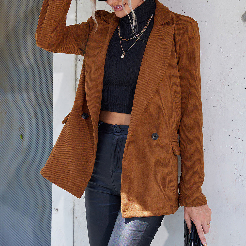 Women's Corduroy Jacket with Double-Button Design and Side Pockets