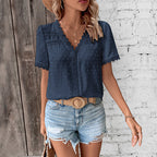 Women's Short-Sleeve Blouse with Lace Trim