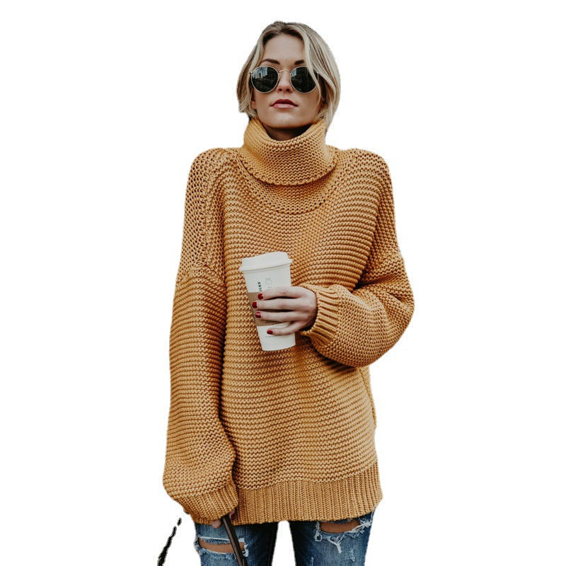 Women's Chunky Knit Sweater with High Collar and Casual Fit