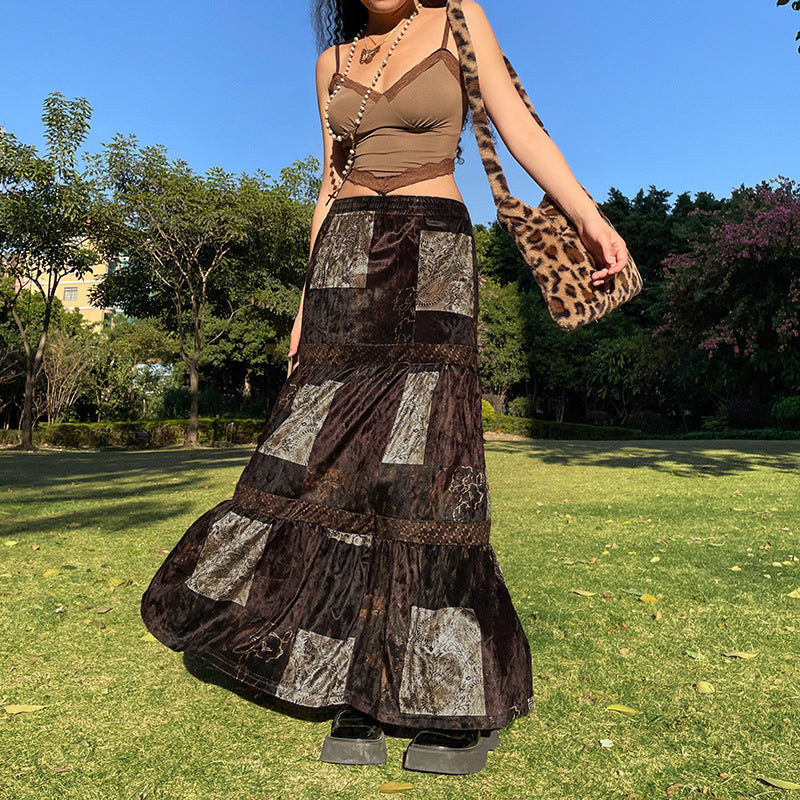 Women's Floral Patchwork Maxi Skirt with Voluminous Hem