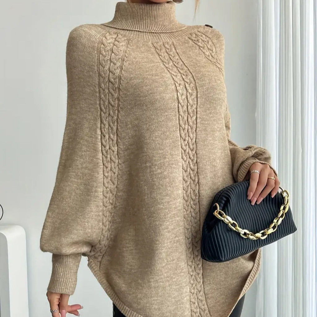 Women's Elegant Knit Poncho with Turtleneck and Cable Knit Pattern