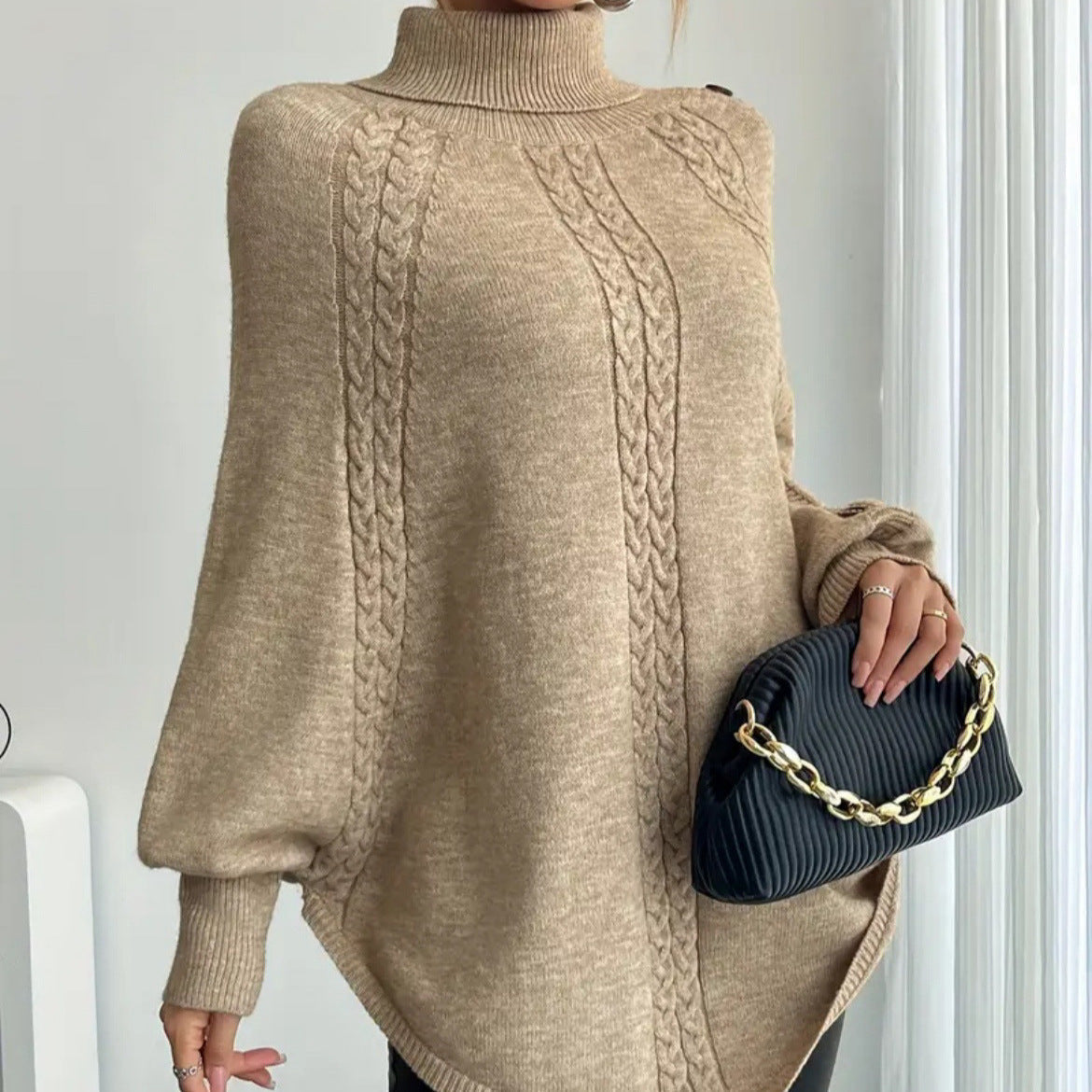 Women's Elegant Knit Poncho with Turtleneck and Cable Knit Pattern