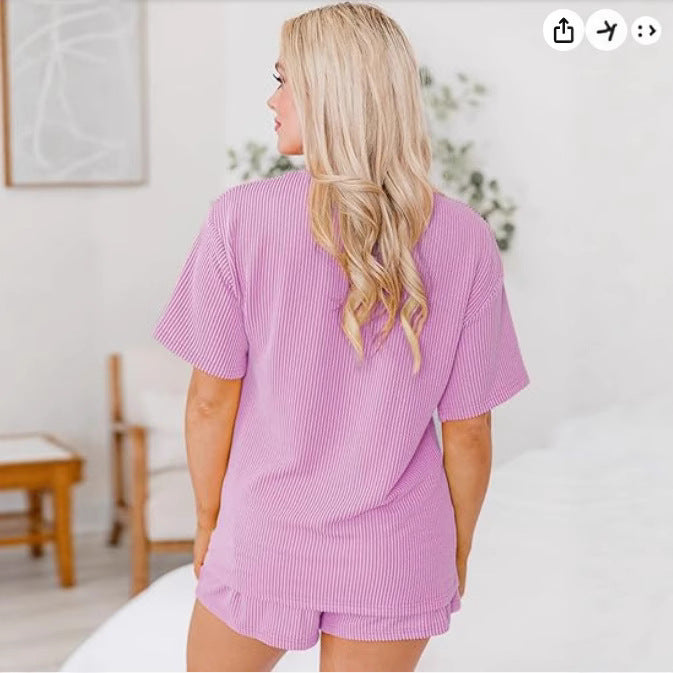 Women's Comfortable Short Sleeve V-Neck Set with Elastic Waistband