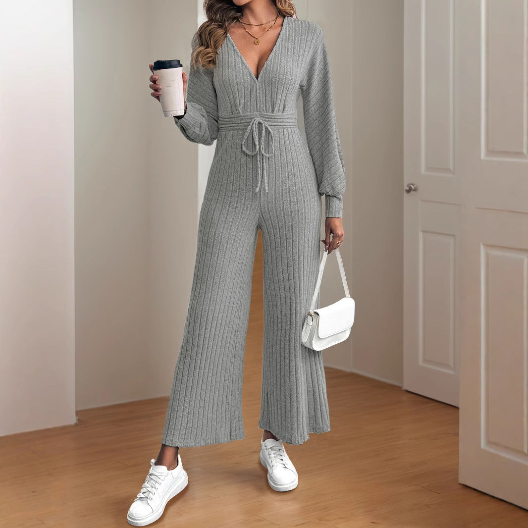 Women's Casual Knit Jumpsuit with Wide Leg and Belt