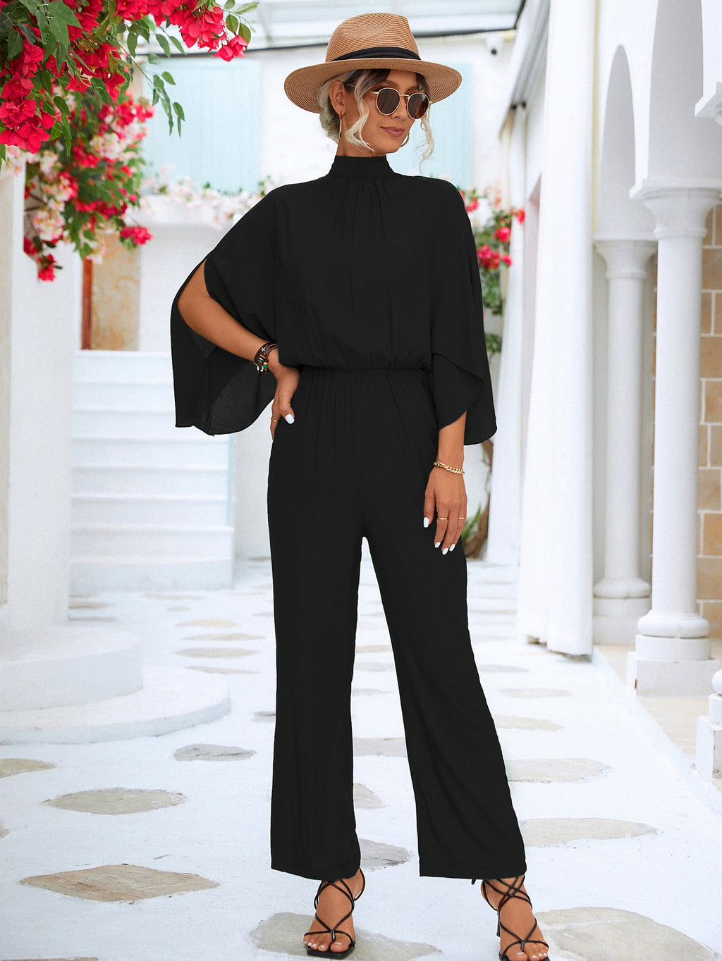 Women's Jumpsuit with High Collar and Flowing Sleeves