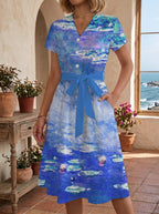 Women's Floral Midi Dress with Adjustable Belt