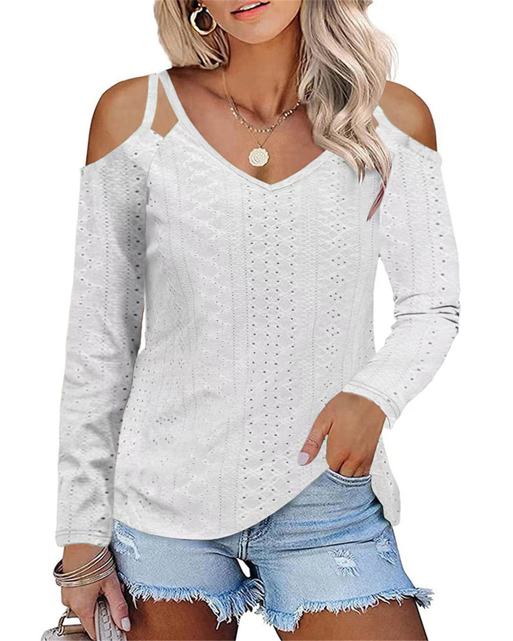 Women's Elegant Shirt with Cut-Out Shoulders and V-Neck