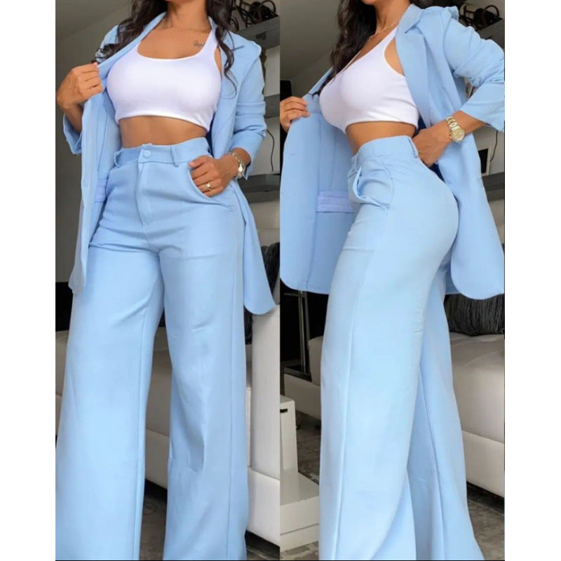 Women's Elegant Two-Piece Set with Wide-Leg Pants and Tailored Blazer