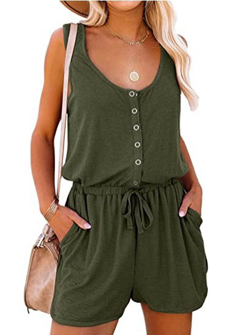 Women's Jumpsuit with Buttoned Neckline and Practical Pockets