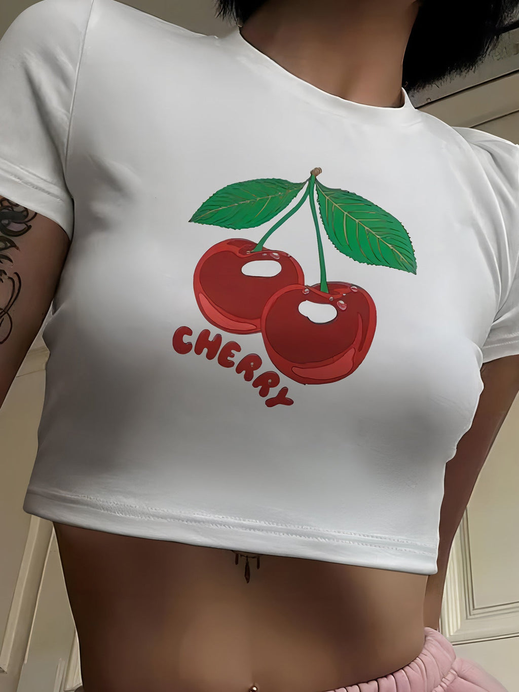 Women's Crop T-Shirt with Fruity Cherry Design and Loose Cut