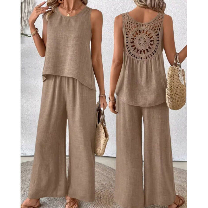 Women's Fashionable Two-Piece Set with Wide-Leg Pants and Sleeveless Top