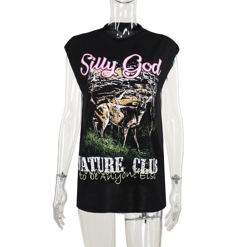 Women's Sleeveless Graphic T-Shirt with Animal Illustration