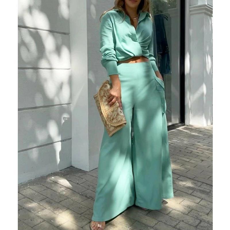 Women's Elegant Two-Piece Set with Crop Top and Palazzo Pants