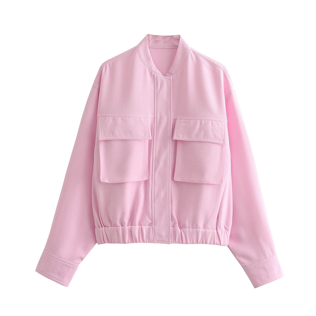 Women's Elegant Utility Jacket with Large Pockets and Elastic Hem
