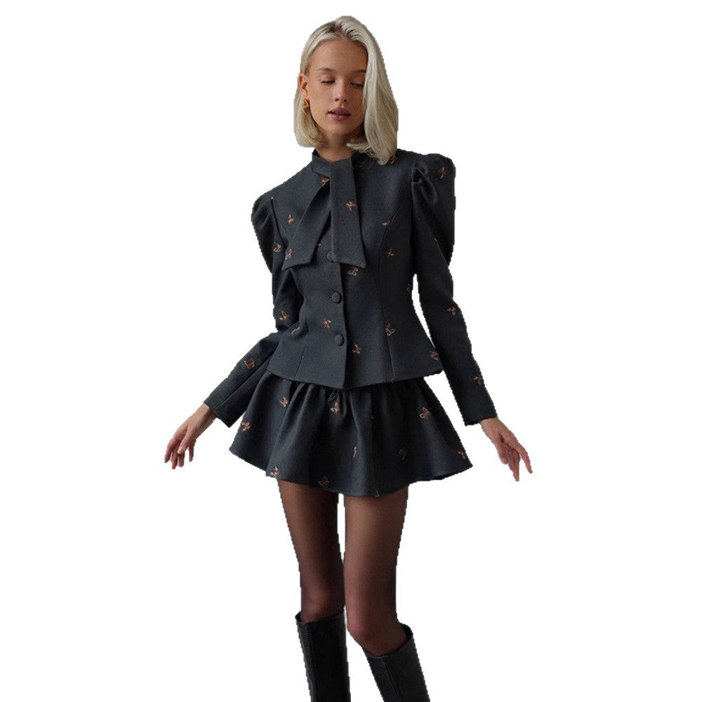 Women's Blazer Dress with Puff Sleeves and Bow Detail