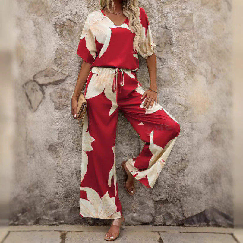 Women's Airy Floral Print Pantsuit with Elastic Waistband