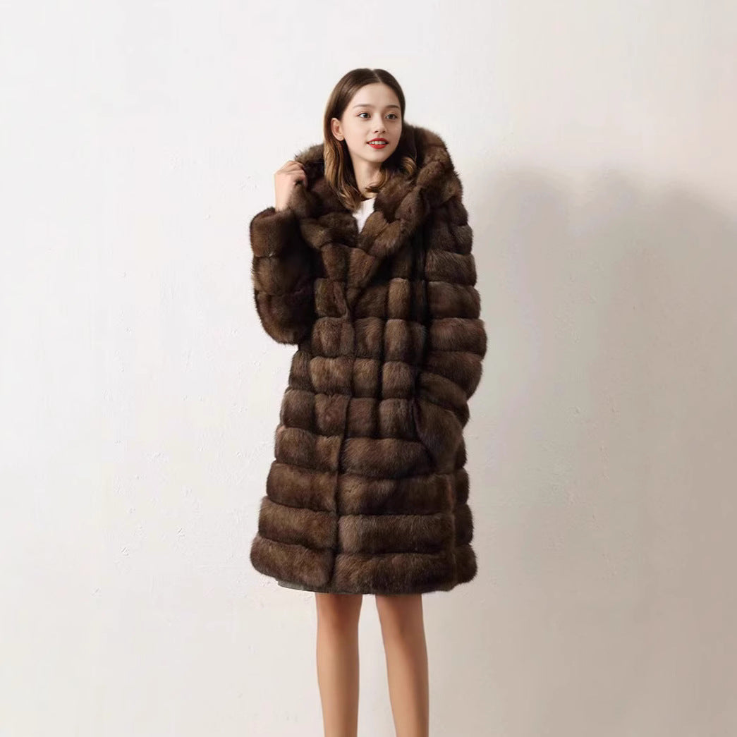 Women's Luxurious Faux Fur Coat in Fashionable Patchwork Design