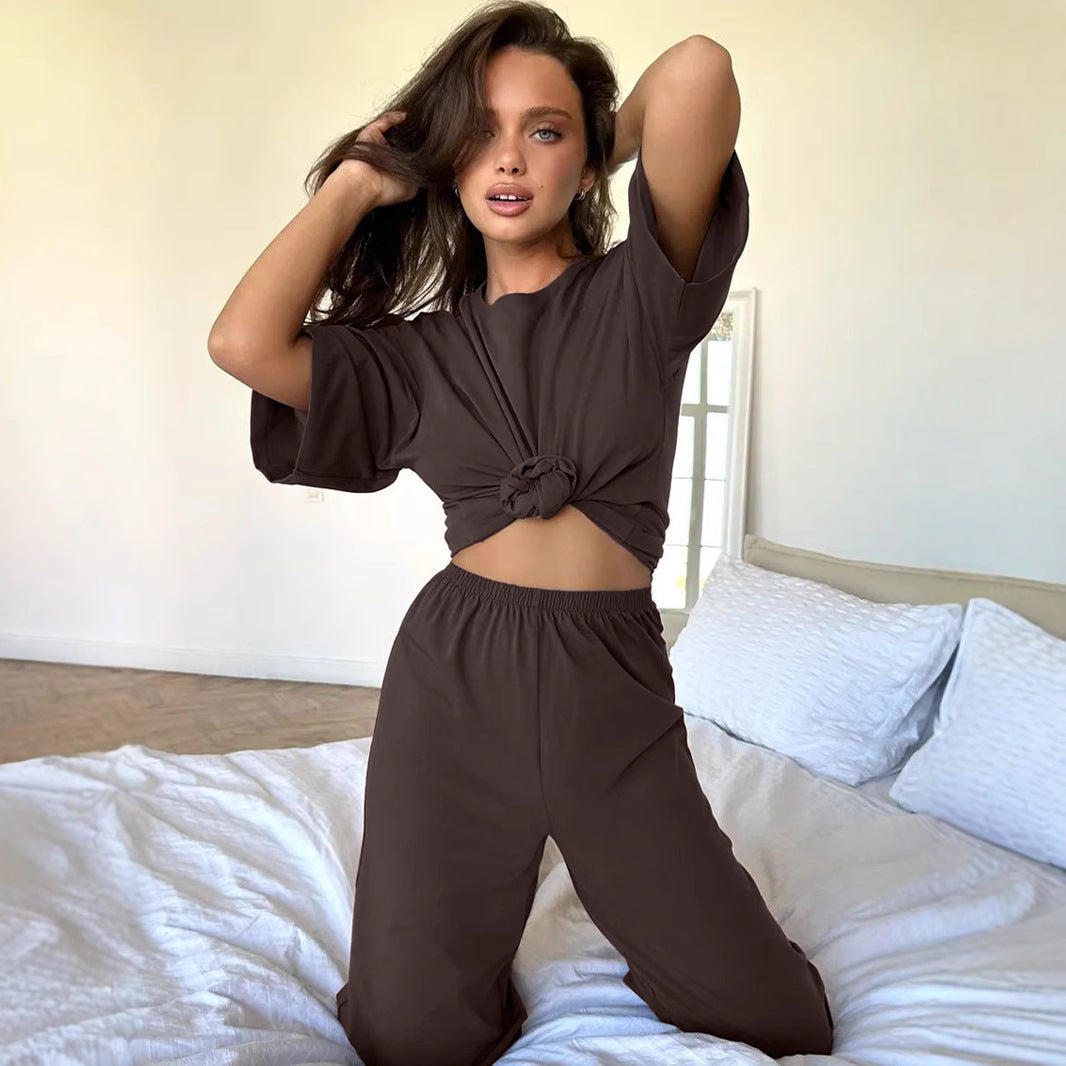 Women's Loose Lounge Set with Knot Details and Elastic Waist
