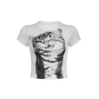 Women's Crop T-Shirt with Creative Cat Motif