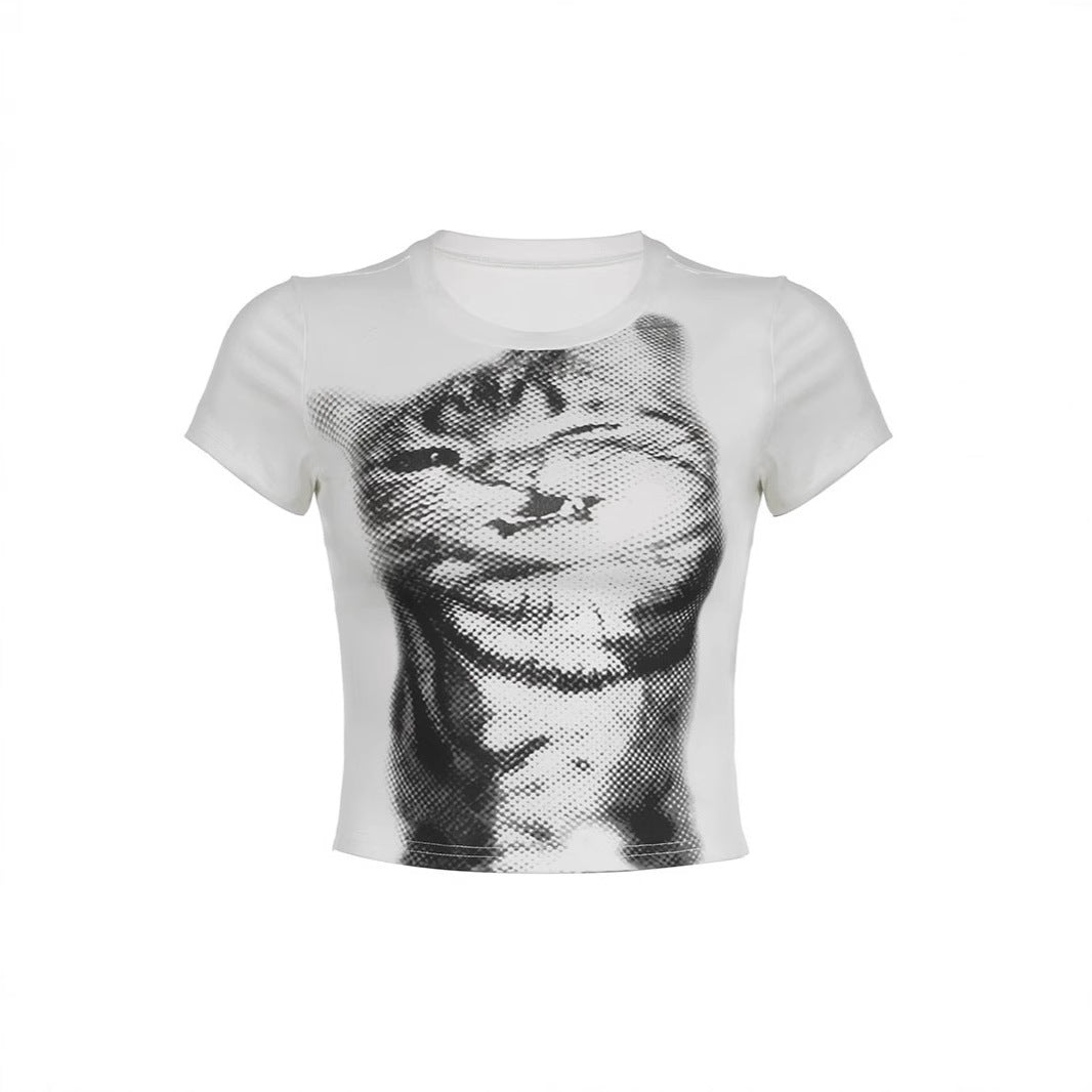 Women's Crop T-Shirt with Creative Cat Motif