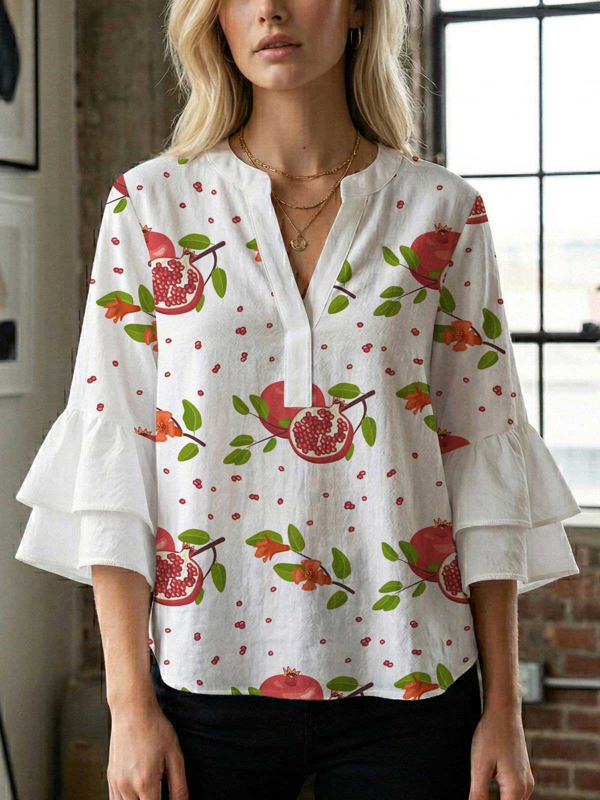 Women's Blouse with Voluminous Ruffle Sleeves and Modern Print