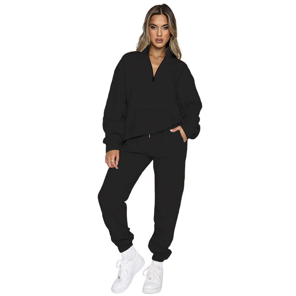 Women's Comfortable Leisure Outfit with High Collar and Kangaroo Pocket