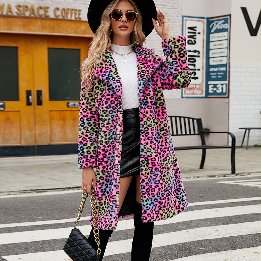 Women's Luxurious Faux Fur Coat with Leopard Design