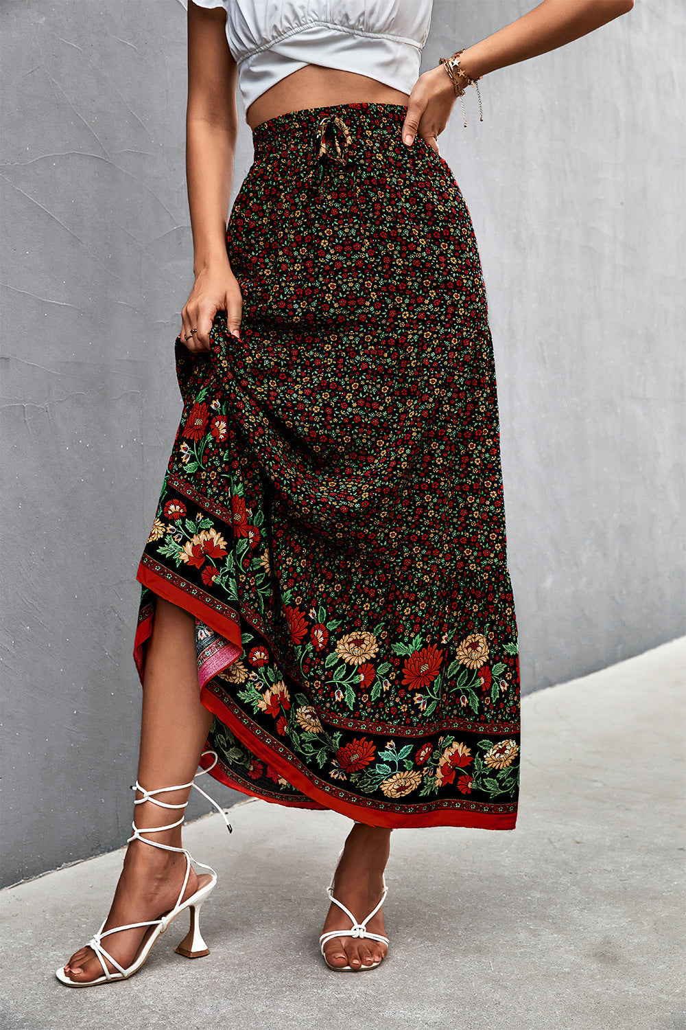 Floral Pattern Maxi Skirt with Elastic Waistband