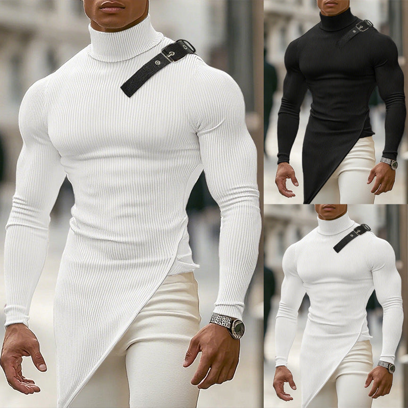 Women's Asymmetrical Long-Sleeve Top with Mock Neck and Strap