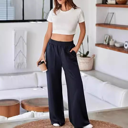 Women's Comfortable and Stylish Leisure Pants with Elastic Waistband and Pockets