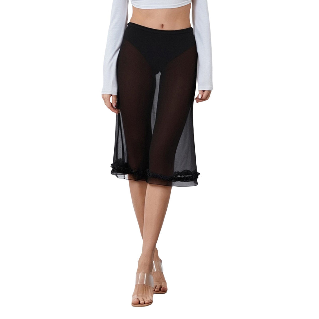 Women's Midi Skirt with Playful Polka Dot Pattern and Ruffle Details