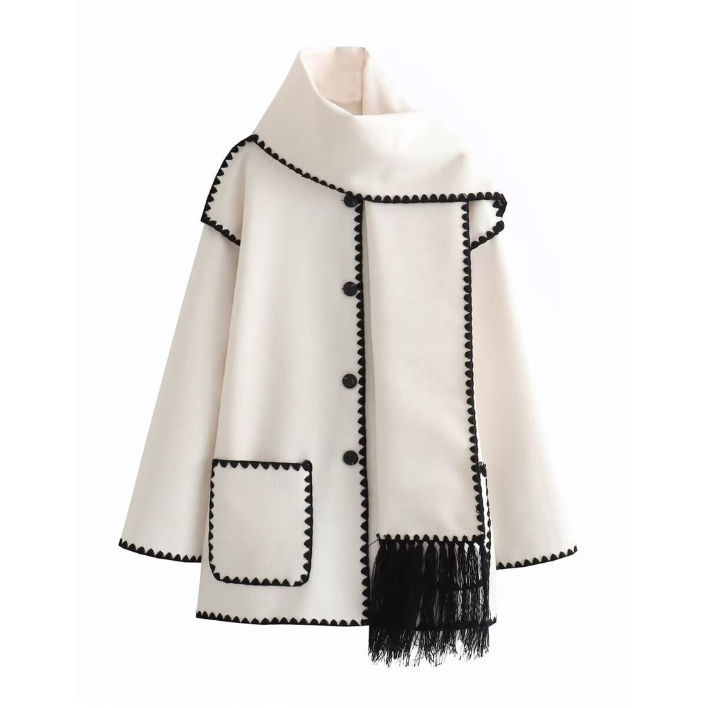 Women's Coat with Fringe Detail and Elegant Button Placket