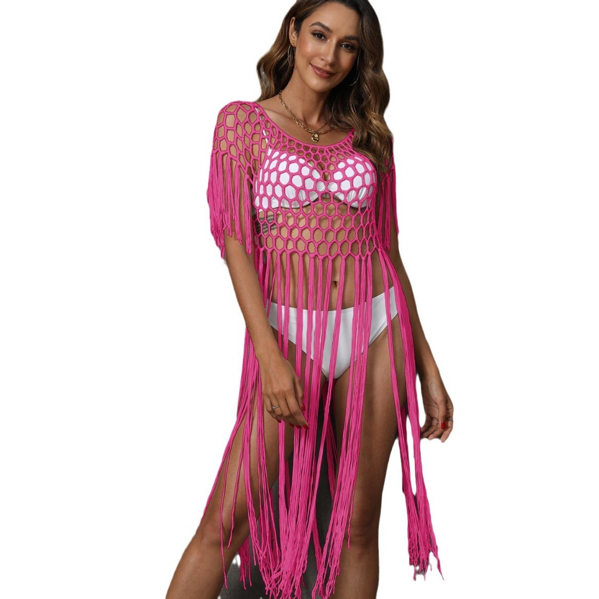 Women's Crochet Beach Cover-Up with Fringe
