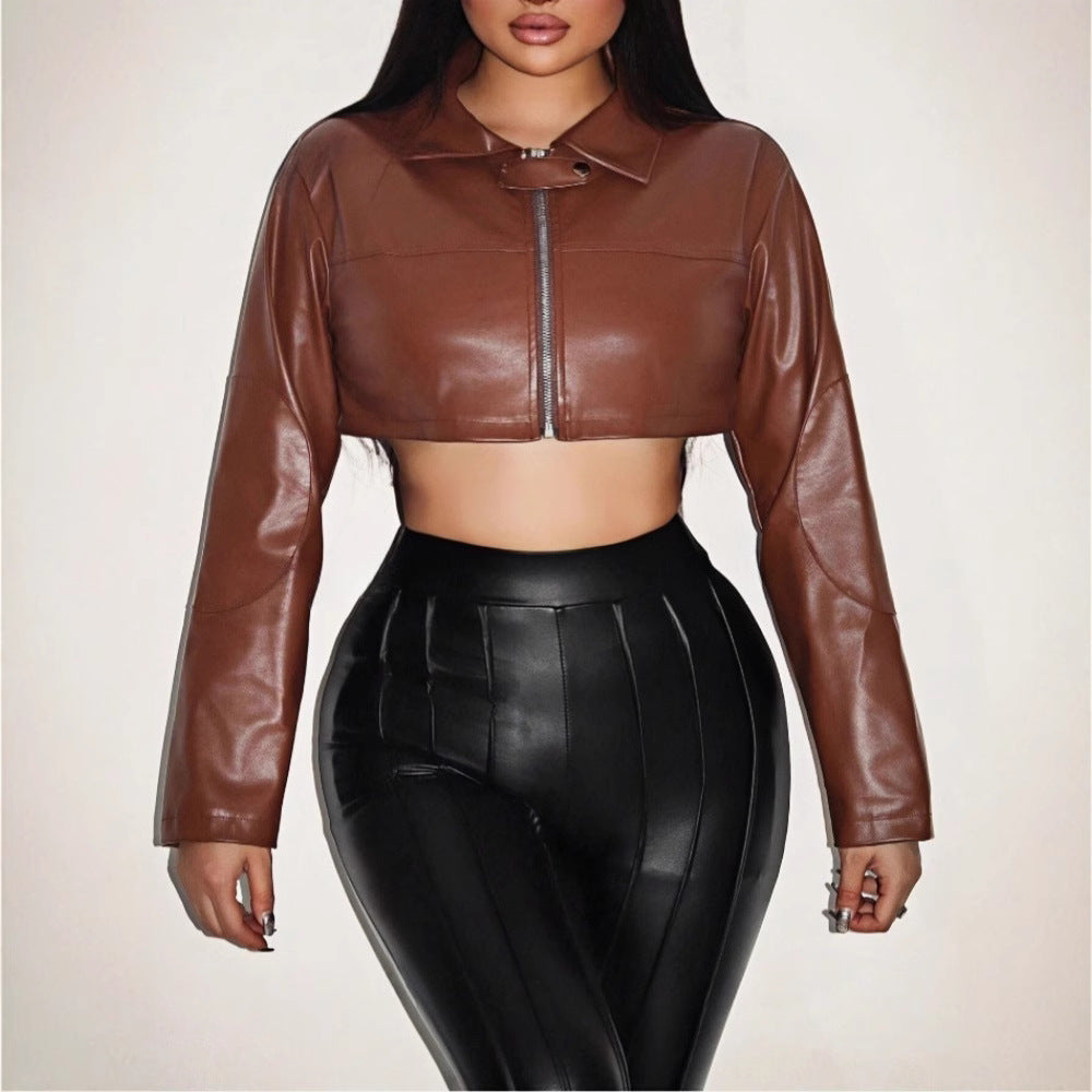 Women's Cropped Faux Leather Jacket with Innovative Zipper